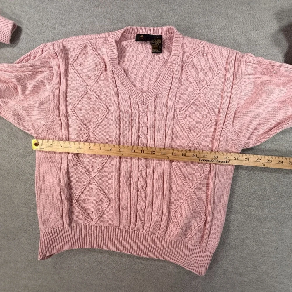 Vintage Liz‎ Sport Floral Pink Pearls Cable Knit Sweater Cottage Core Sweater M